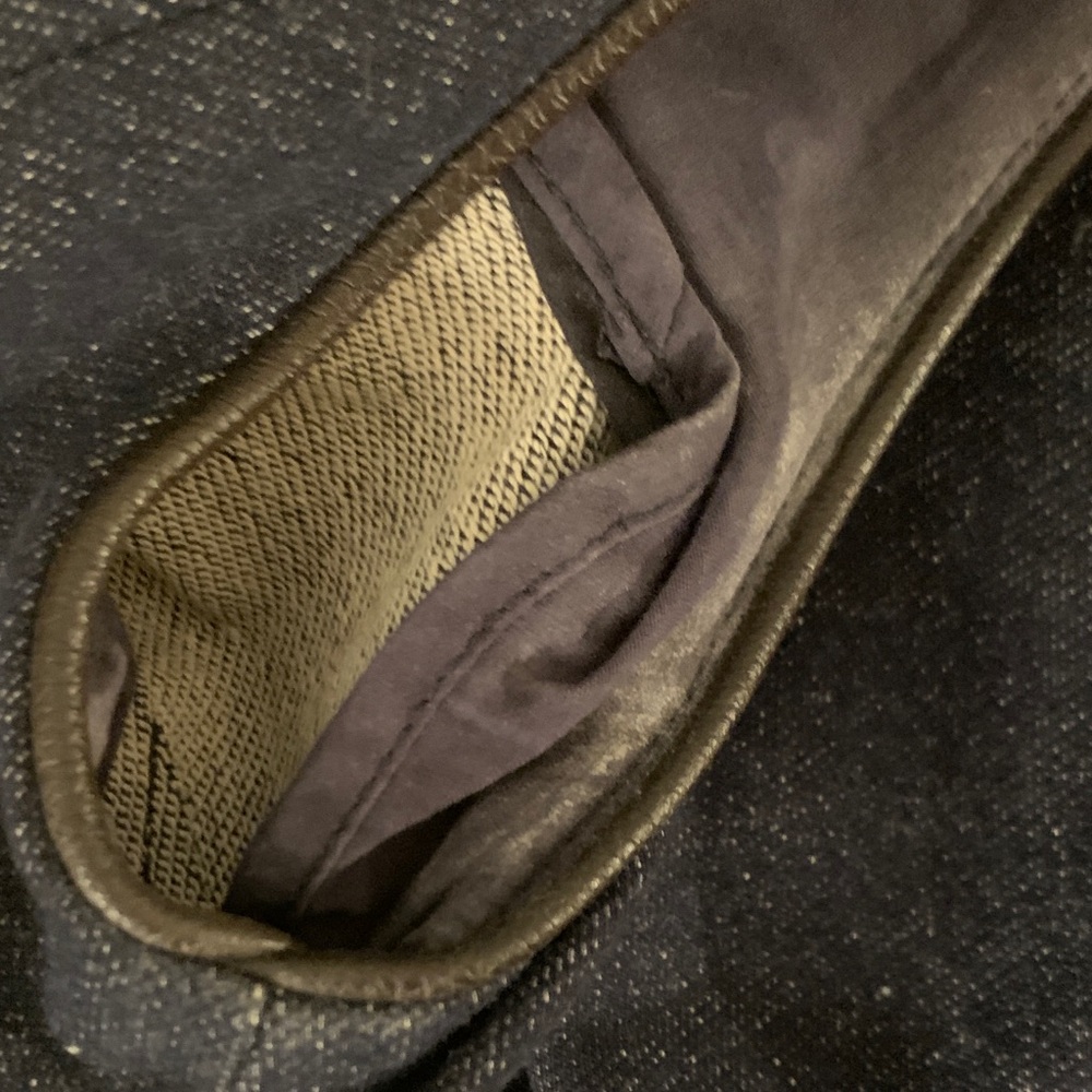 Tory Burch dark blue denim dress with gold button accents & brown leather trim. - Picture 8 of 14